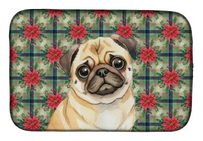 Fawn Pug Christmas PoinsettIas Dish Drying Mat Absorbent Dish Drying Mat Pad for Kitchen Counter Dish Drainer Mat for Countertop, 14 x 21", Multi