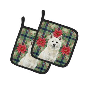 White Akita Christmas PoinsettIas Pair of Pot Holders Pair 7.5x7.5 Quilted Insulated Hot Pads Decorative Kitchen Gift Made in USA