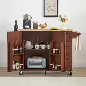 Kitchen Island With Drop Leaf Countertop, Rolling Kitchen Island Cart , Barn Door Kitchen Island Table With Storage Cabinet And Tower Rack, Islan (Option: defaulttitle)